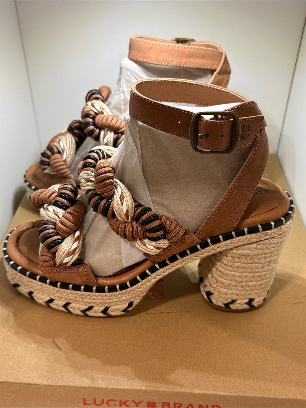 Lucky Brand Brown Braided Espadrille Platform Sandals with Black & Cream Accents - Picture 6 of 7